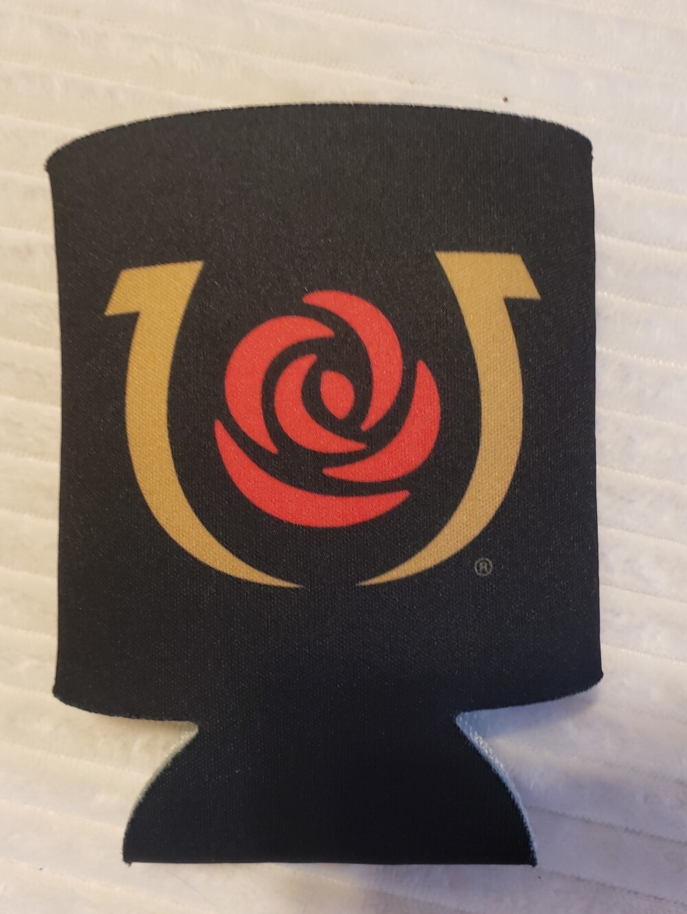 Kentucky Derby Black Gold U and Red Rose Logo Koosie Can Cooler